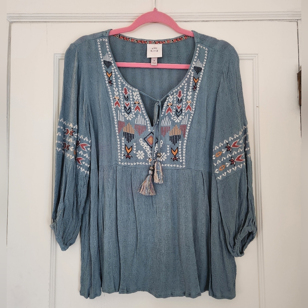 Knox Rose - Embroidered Western Peasant Top